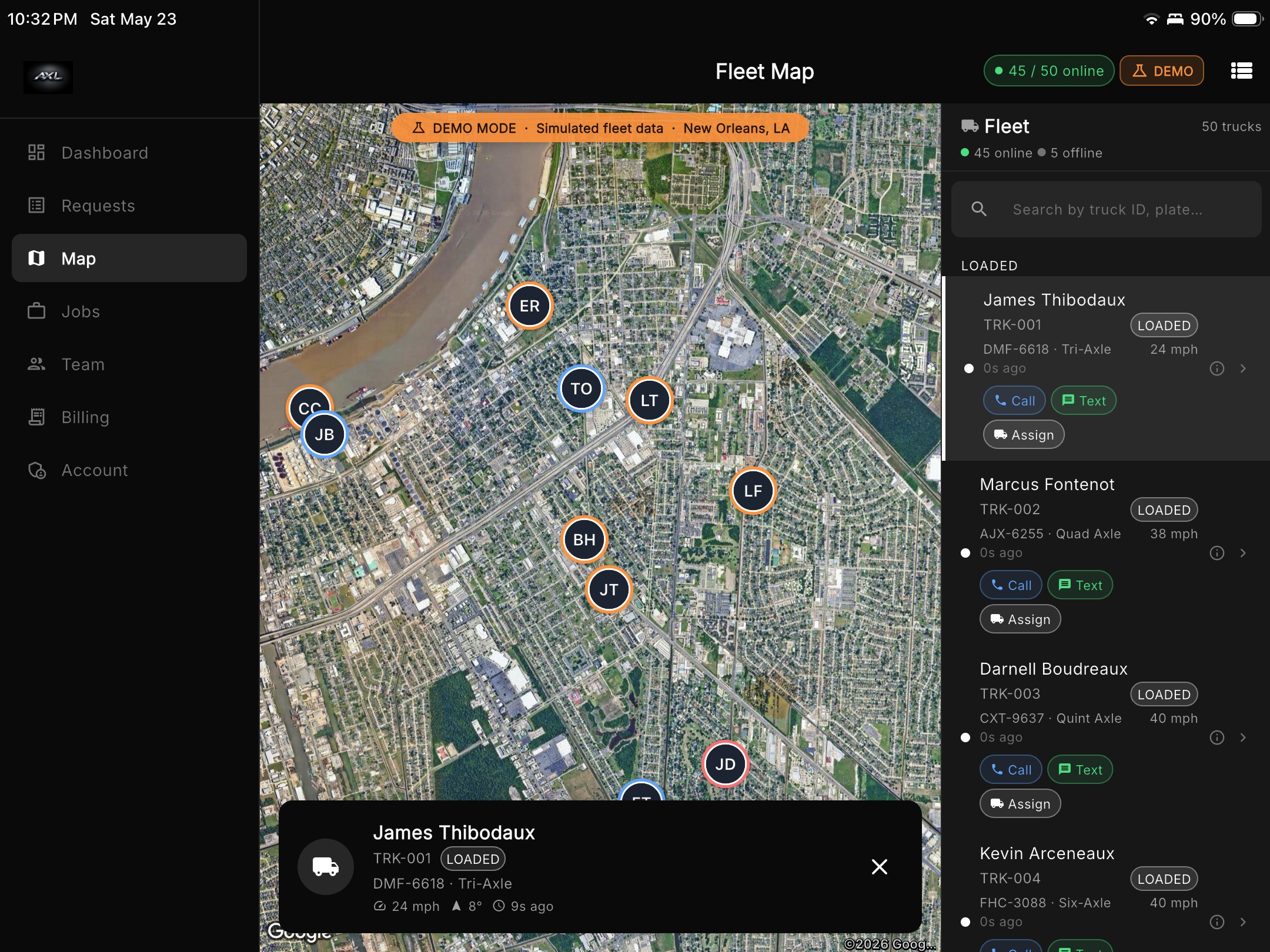 Fleet truck list showing multiple drivers loaded and moving with real-time status