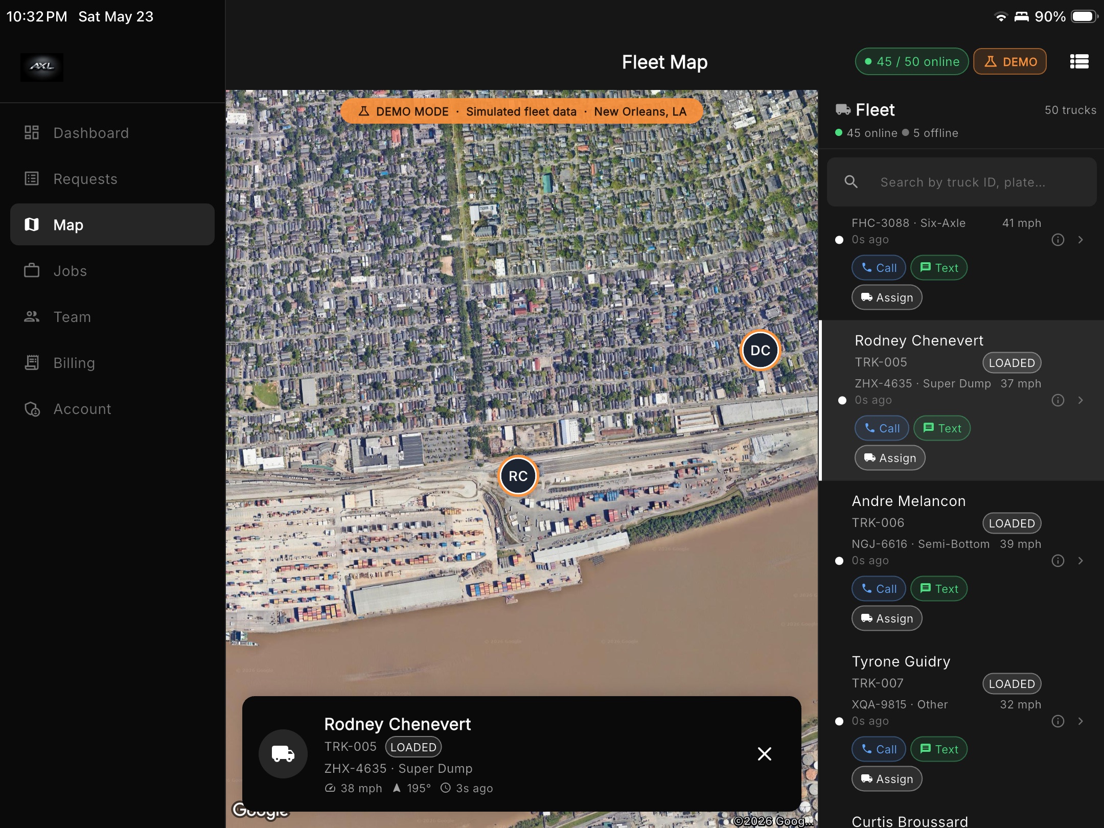 AXL dispatch fleet map showing live truck positions